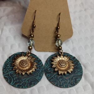 Gold Sunflower Teal Filigree Disc Drop Earrings - Women